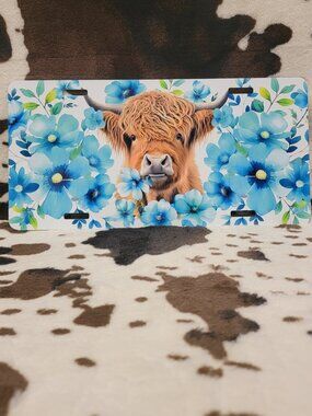 Highland Cow Blue Flower Custom Car Tag Handmade Vehicle License Plate